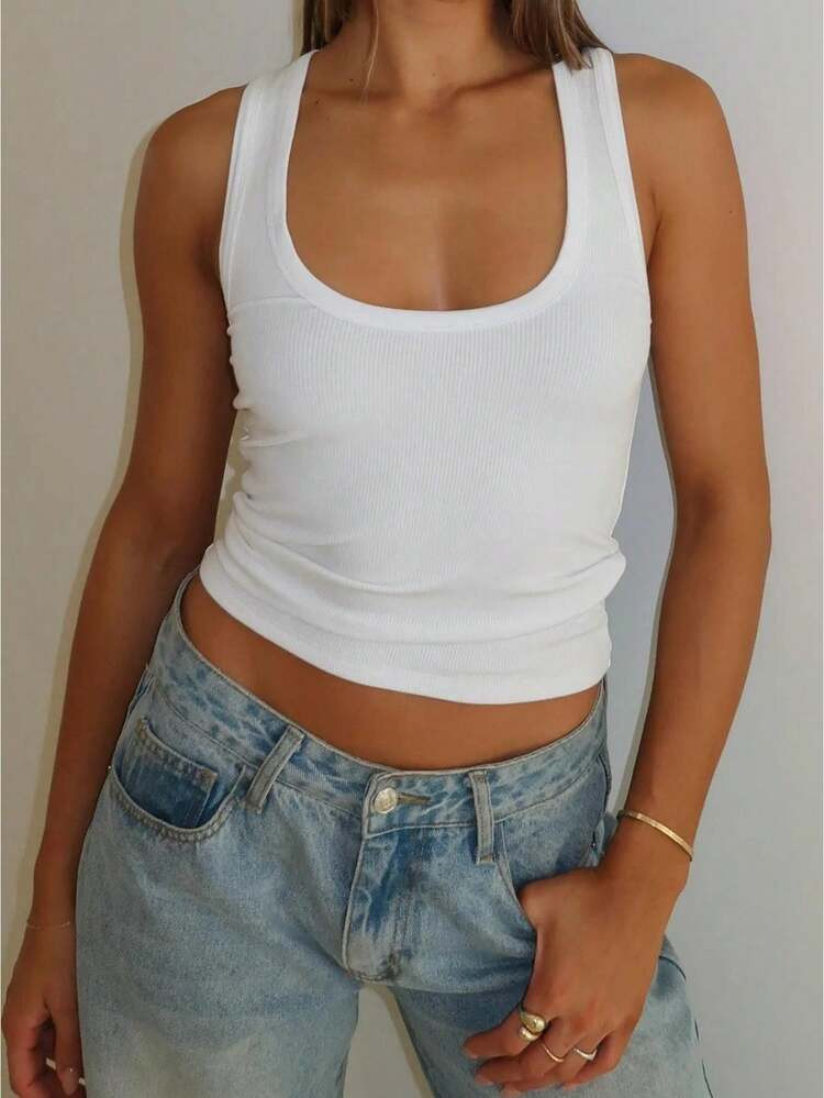 Women Ribbed Tank Tops Slim Fit Solid Color Scoop Neck Crop Sleeveless Shirts For Summer Going Ou... | SHEIN