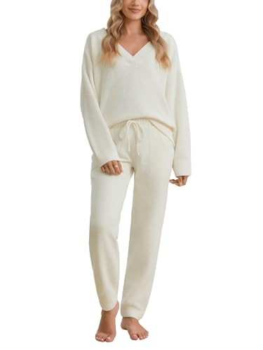 Snuggle Sac Fleece Pajama Sets for Women V Neck Ultra Soft Warm Long Sleeve Winter Pjs Fuzzy Lounge Sets 2 Piece Loungewear(Large, Ivory) | Amazon (US)