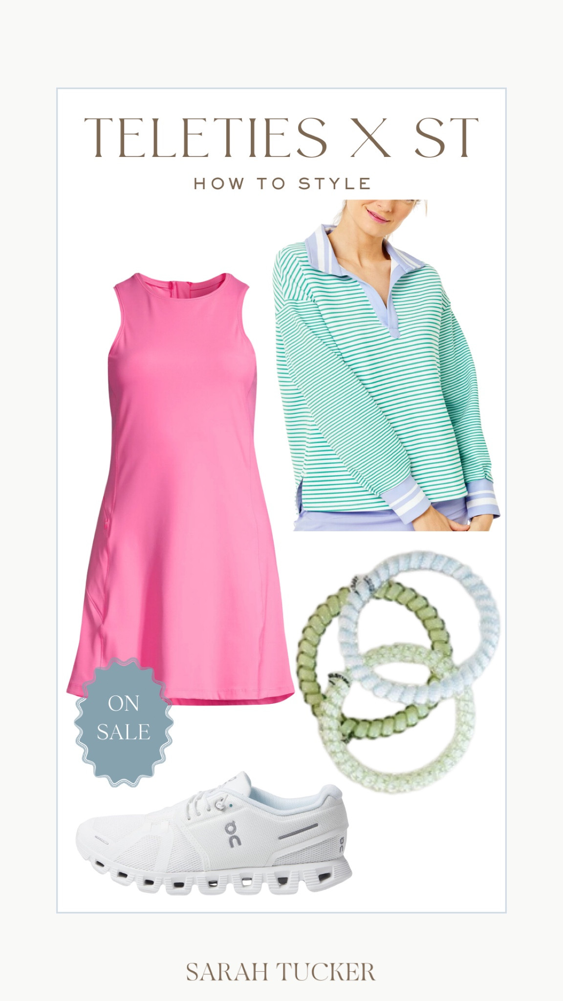 Cute activewear outfit for spring. This pink tennis dress is on sale! I own it in other colors and I love it. And how adorable is this green striped rugby pullover!? Would look great with white on cloud sneakers and Teleties hair ties. 

Casual outfit, casual style,  mom style, activewear outfit, active style, athleisure wear, sale alert, tennis skirt, pickleball 

#LTKfindsunder100 #LTKsalealert #LTKSeasonal