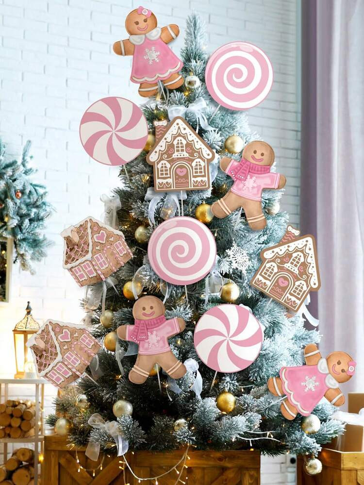 12pcs/Christmas Large Pink Candy Gingerbread Christmas Tree Ornament Gingerbread Christmas Decoration,Cute Hanging Ornament Suitable For Christmas Tree Topper Home Office Garden Patio Winter Vase Holiday Decoration | SHEIN