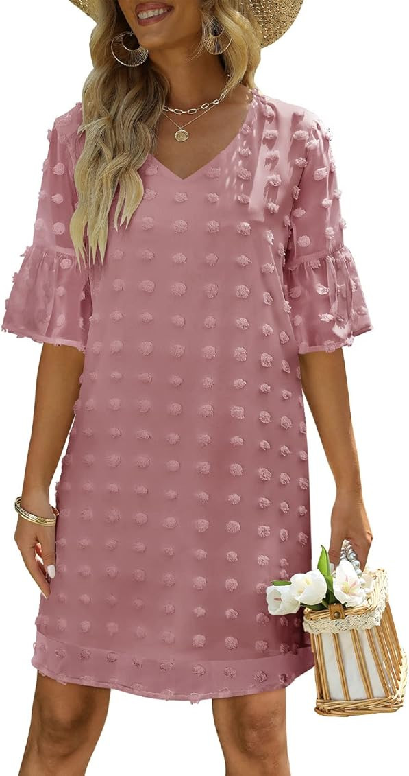 FEXIXV Womens Summer Short Sleeve V Neck Mini Dress Chiffon Swiss Dot Flowy Short Dress | Amazon (US)