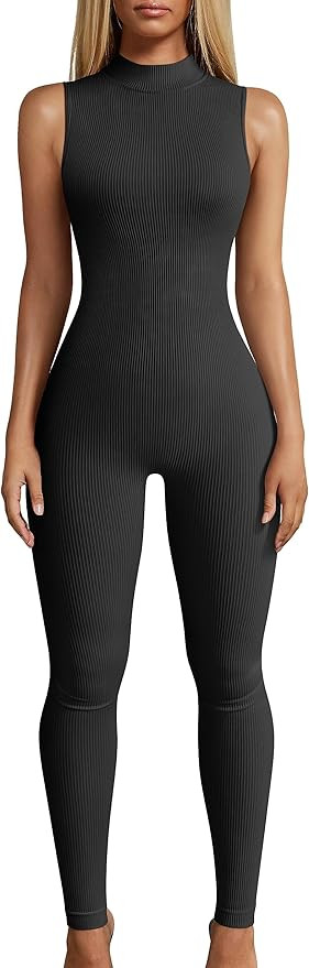OQQ Women Yoga Jumpsuits Workout Ribbed Sleeveless High Neck Tops Sport Jumpsuits | Amazon (US)
