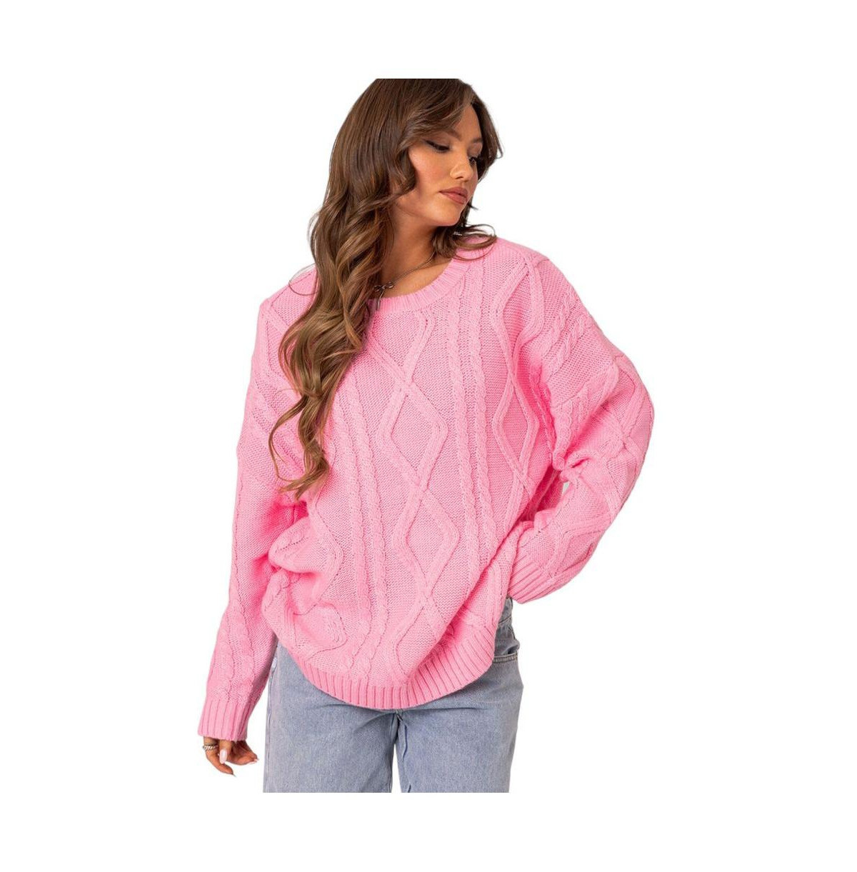 Edikted Womens Kennedy Oversized Cable Knit Sweater - Pink | Macy's