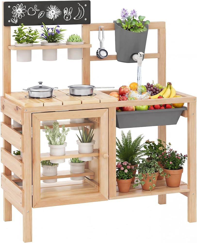 Costzon Mud Kitchen, Wooden Kids Potting Bench with 12 Plant Pots & Observation Room, Sink, Fauce... | Amazon (US)