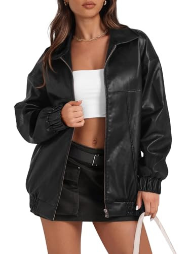 Yousify Womens Leather Jacket Casual Long Sleeve Zip Up Lapel Solid Color Bomber Jacket for Women 2024 Fall Winter Fashion Coat Black L | Amazon (US)