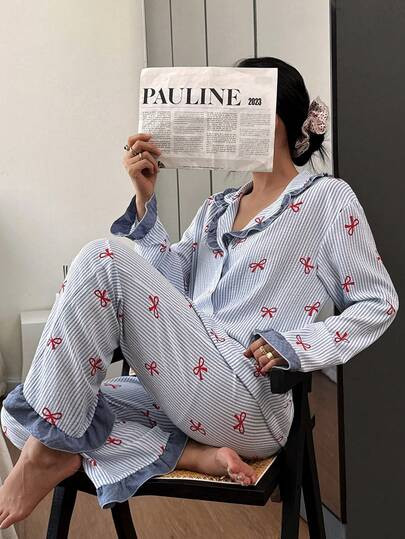 Eraneu Blue Striped Bow Print Patchwork Contrast Color Lapel Long Sleeve Top & Pants Pajama Set F... | SHEIN