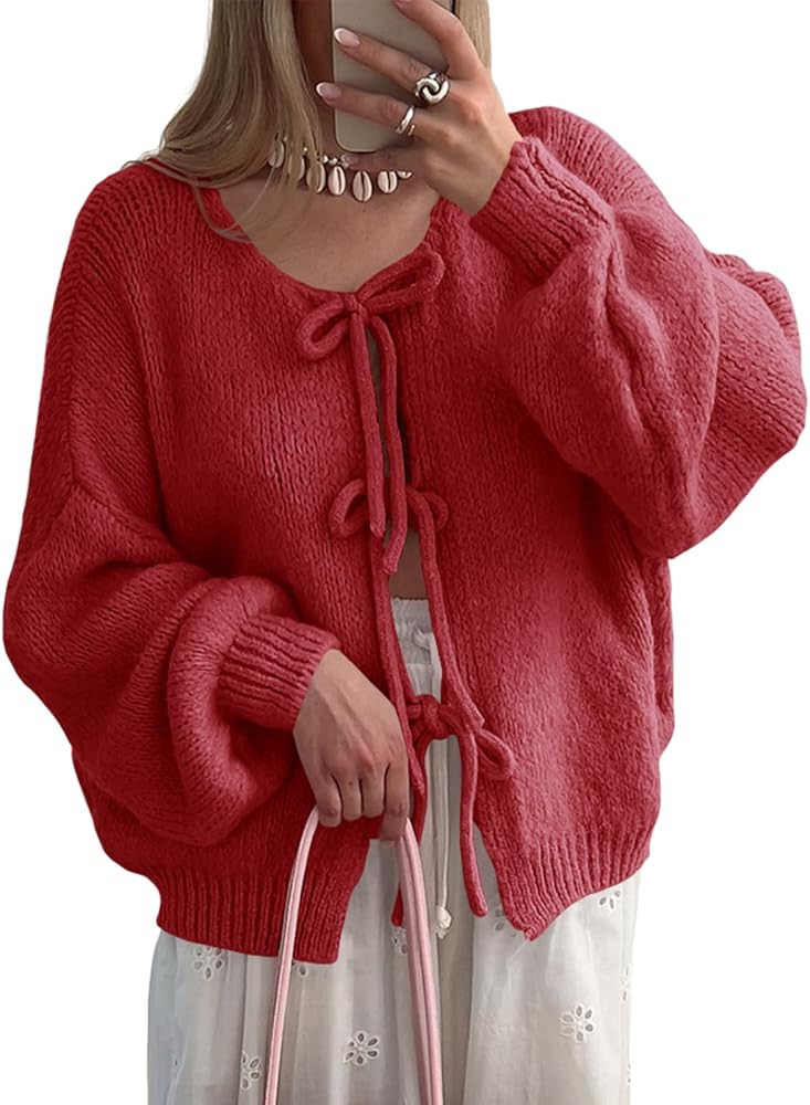 Saodimallsu Womens Tie Front Cardigan Sweaters Cute Bow Puff Long Sleeve 2025 Fall Loose Ribbed K... | Amazon (US)