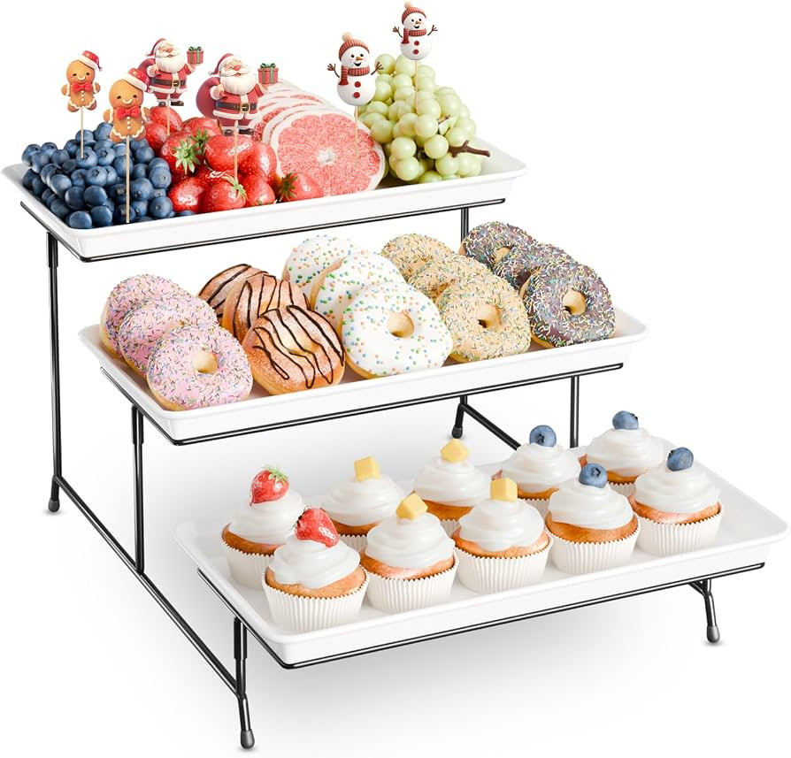 3-Tier Melamine Serving Tray Set, 14"x7" Platters for Serving Food, White Reusable Trays with Bla... | Amazon (US)