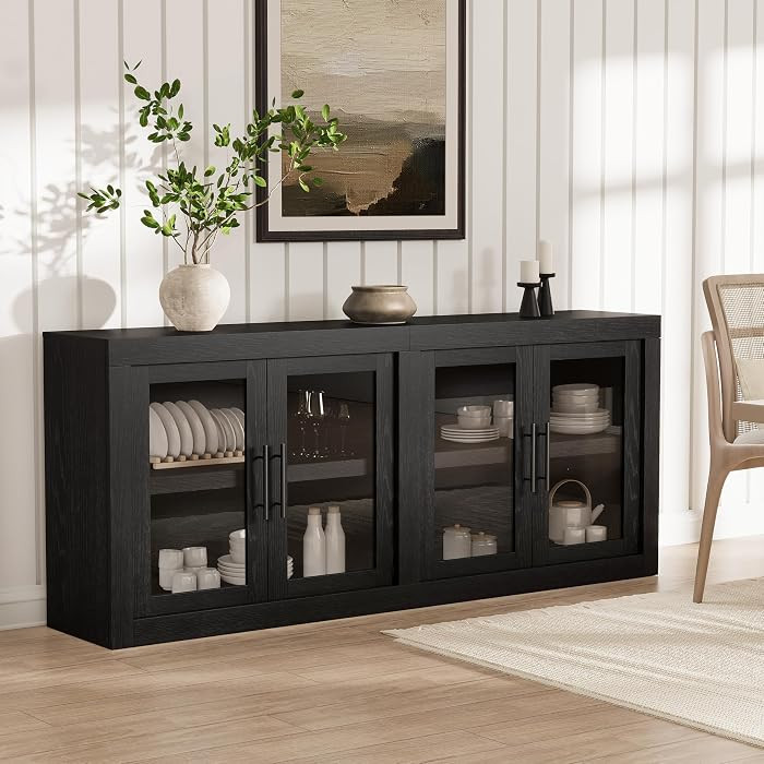 Garvee 65.32" Sideboard Buffet Cabinet, 4 Glass Doors, Black | Amazon (US)