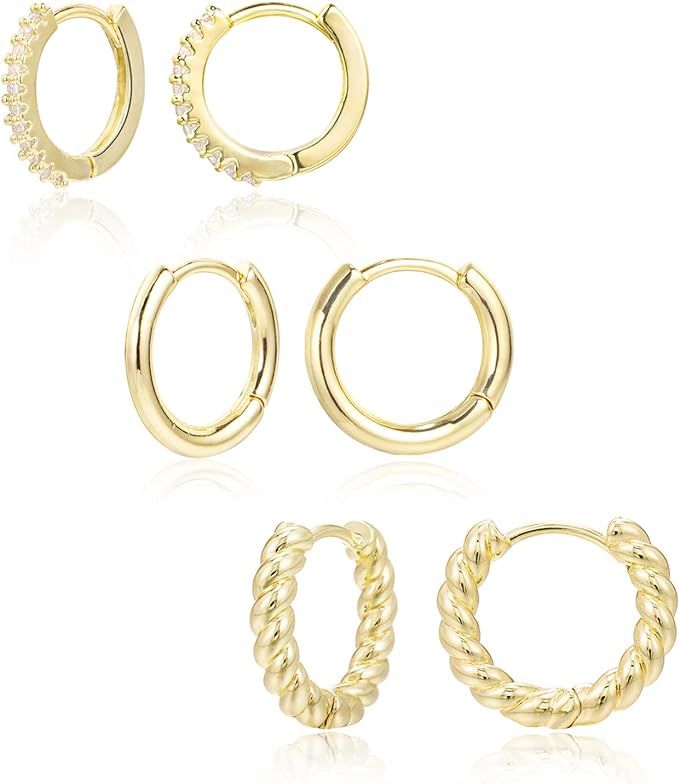 3 Pairs Small Huggie Hoop Earrings Set 14K Gold Plated 925 Sterling Silver Hypoallergenic Lightwe... | Amazon (US)