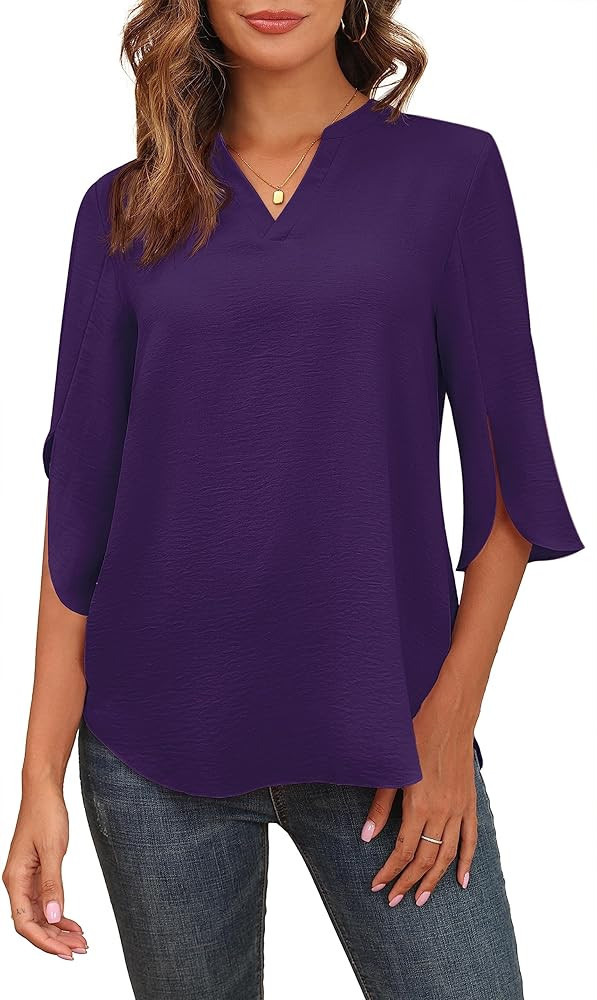 Askyes Women's 2024 Summer Chiffon Blouses Short Sleeve V Neck Tshirts Loose Casual Flowy Dressy ... | Amazon (US)