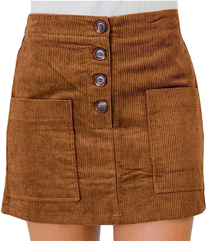 Susupeng Women High Waist Soft Faux Suede Button Down Skirt Slim Back Zip Side Pocket Mini Skirts | Amazon (US)