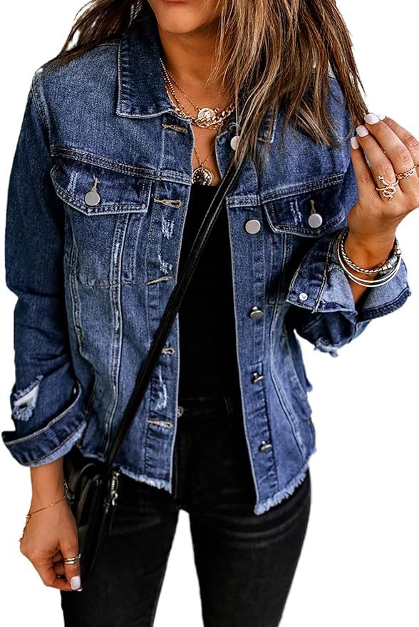 ROSKIKI Womens Boyfriend Washed Denim Jean Coat Jacket Outwear | Amazon (US)