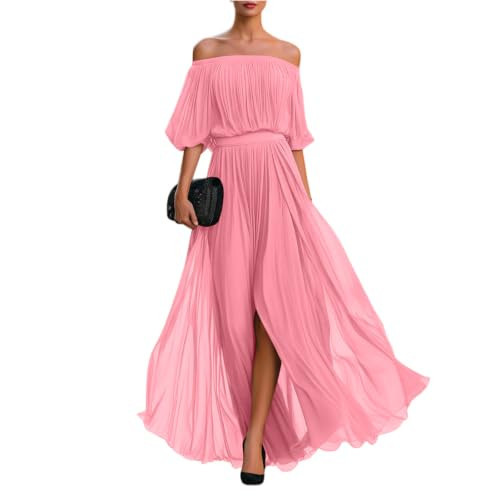 Womens Summer Dresses Boho Fall Wedding Guest For Women Women Summer Off-Shoulder Pleated Maxi Dress Short Flutter Sleeve Gathered Waist Side Slit Elegant Party Gown Wedding Guest(Pink,XXL) | Amazon (US)