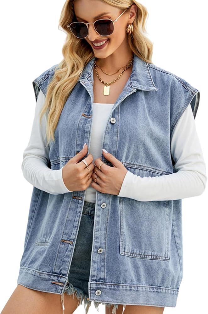Women's Denim Vest Oversized Sleeveless Jean Jacket Button Down Casual Waistcoat With Detachable ... | Amazon (US)