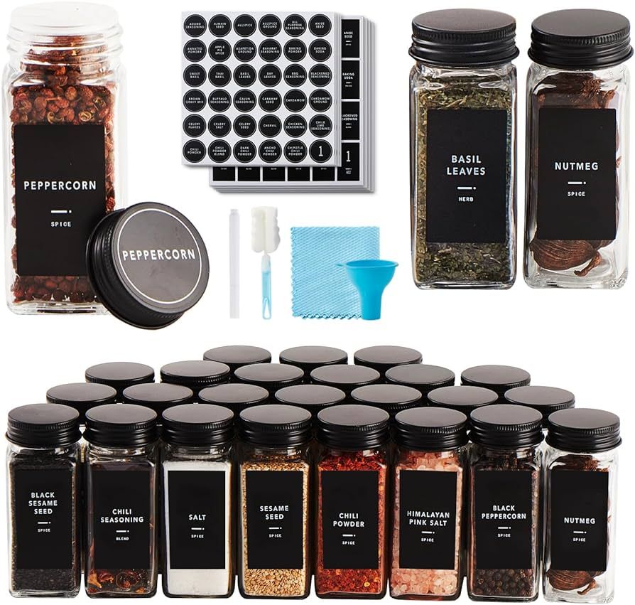 Skiileor 25 Pcs Spice Jars with Label- Glass Spice Jars with Black Metal Caps,Shaker Lids, Funnel... | Amazon (US)