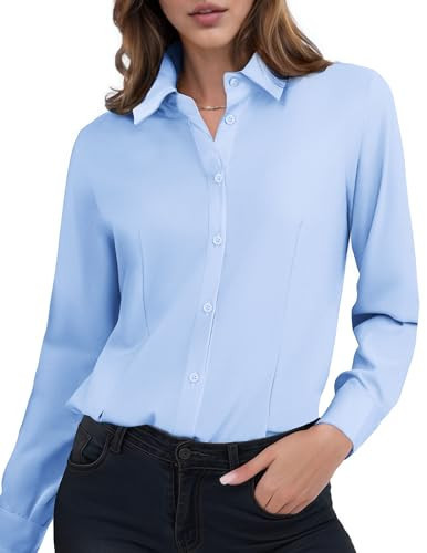 HOTOUCH Women Blue Collared Shirts Long Sleeves Button Down Lady Dress Blouses Business Tops | Amazon (US)