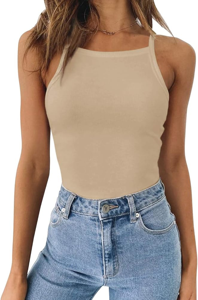 REORIA Women’s Casual Strappy Sleeveless Ribbed Knit Halter Neck Racerback Bodysuit Tank Tops | Amazon (US)