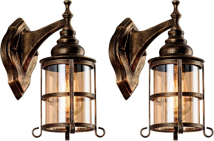 Rustic Amber Glass Wall Sconce 2-Pack, Bronze Brushed, Industrial Farmhouse Lamp Porch Lighting W... | Amazon (US)
