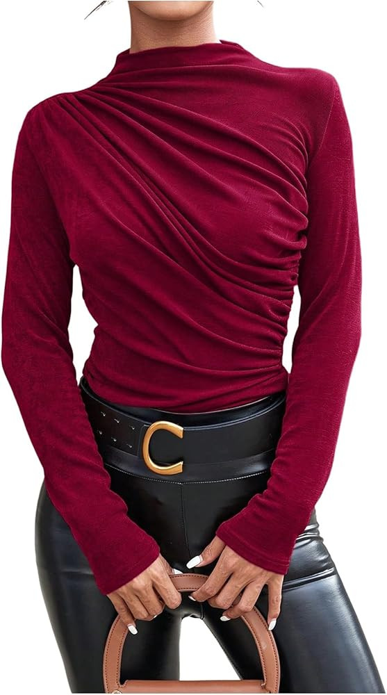 SweatyRocks Women's Mock Neck Ruched T Shirt Long Sleeve Casual Basic Top | Amazon (US)