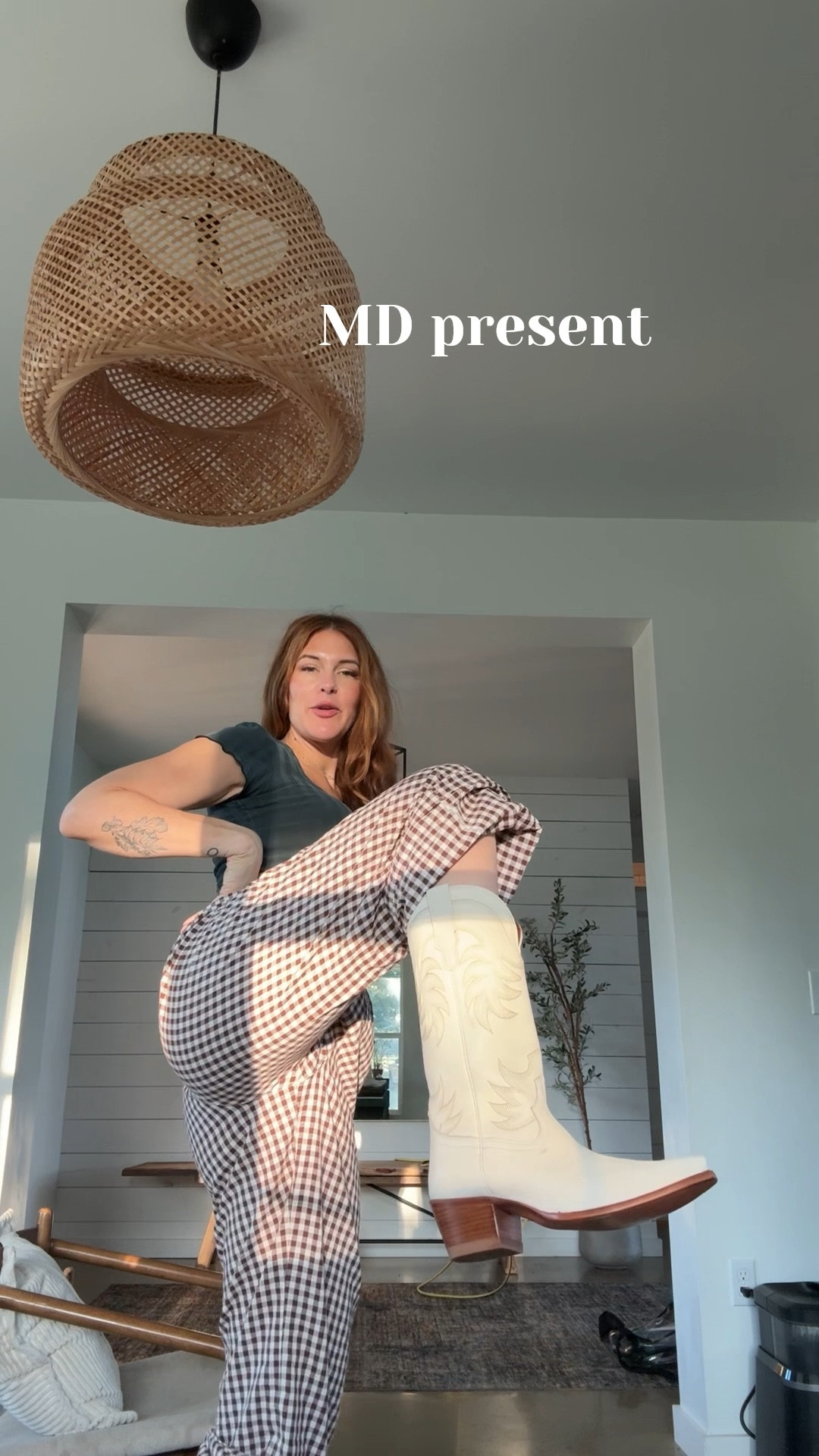 cowgirl boots, cowboy boots, white boots, boots, boxer pants, gingham, tecovas, arch mirror, entryway, foyer, casual style, western, cowgirl, cowboy carter 