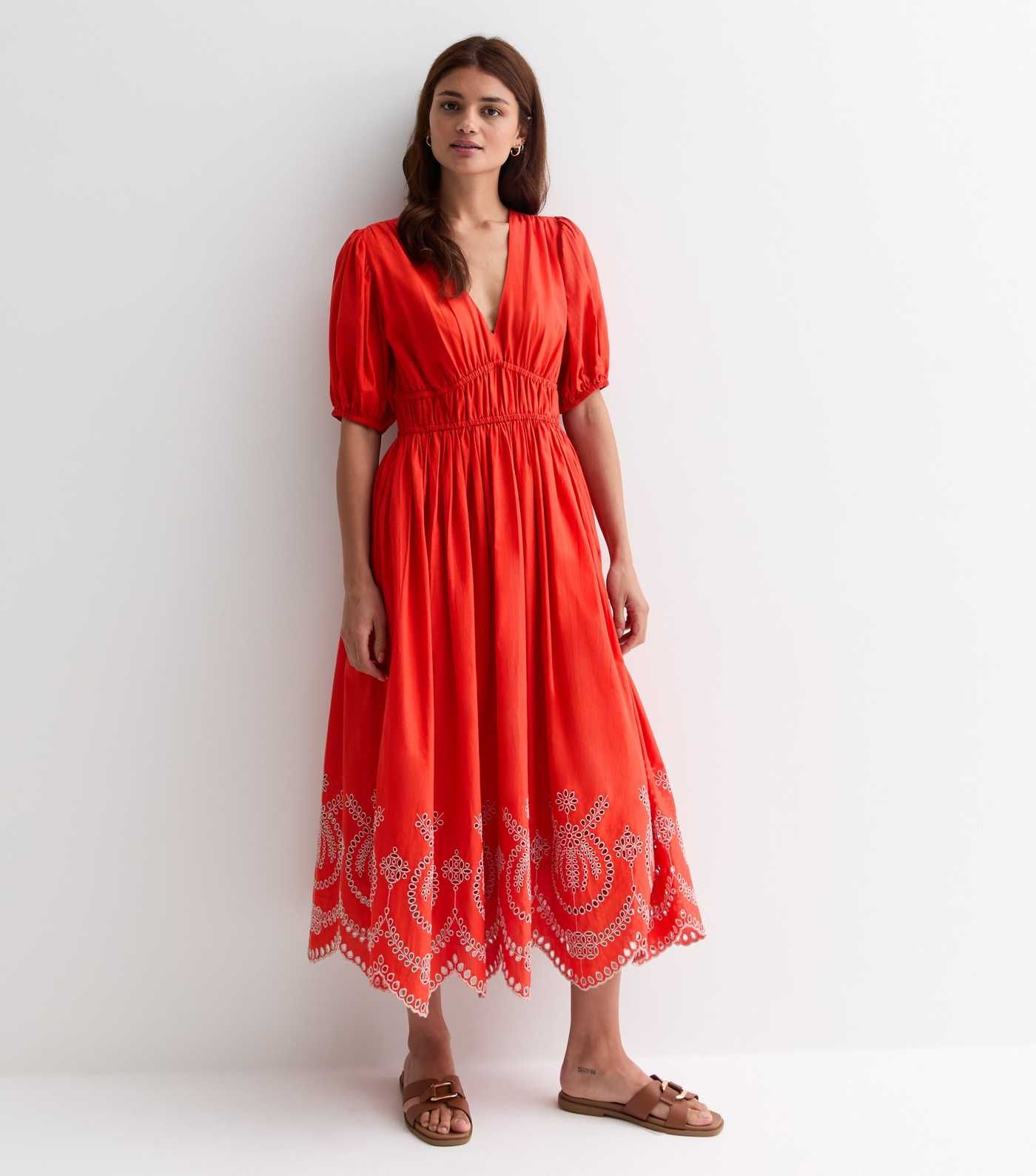 Red Cotton Broderie Hem Midi Dress | New Look | New Look (UK)