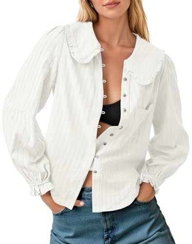 Tankaneo Womens Peter Pan Collar Shirts Puff Long Sleeve Button Down Cotton Blouse Casual Fall Textured Tops White | Amazon (US)