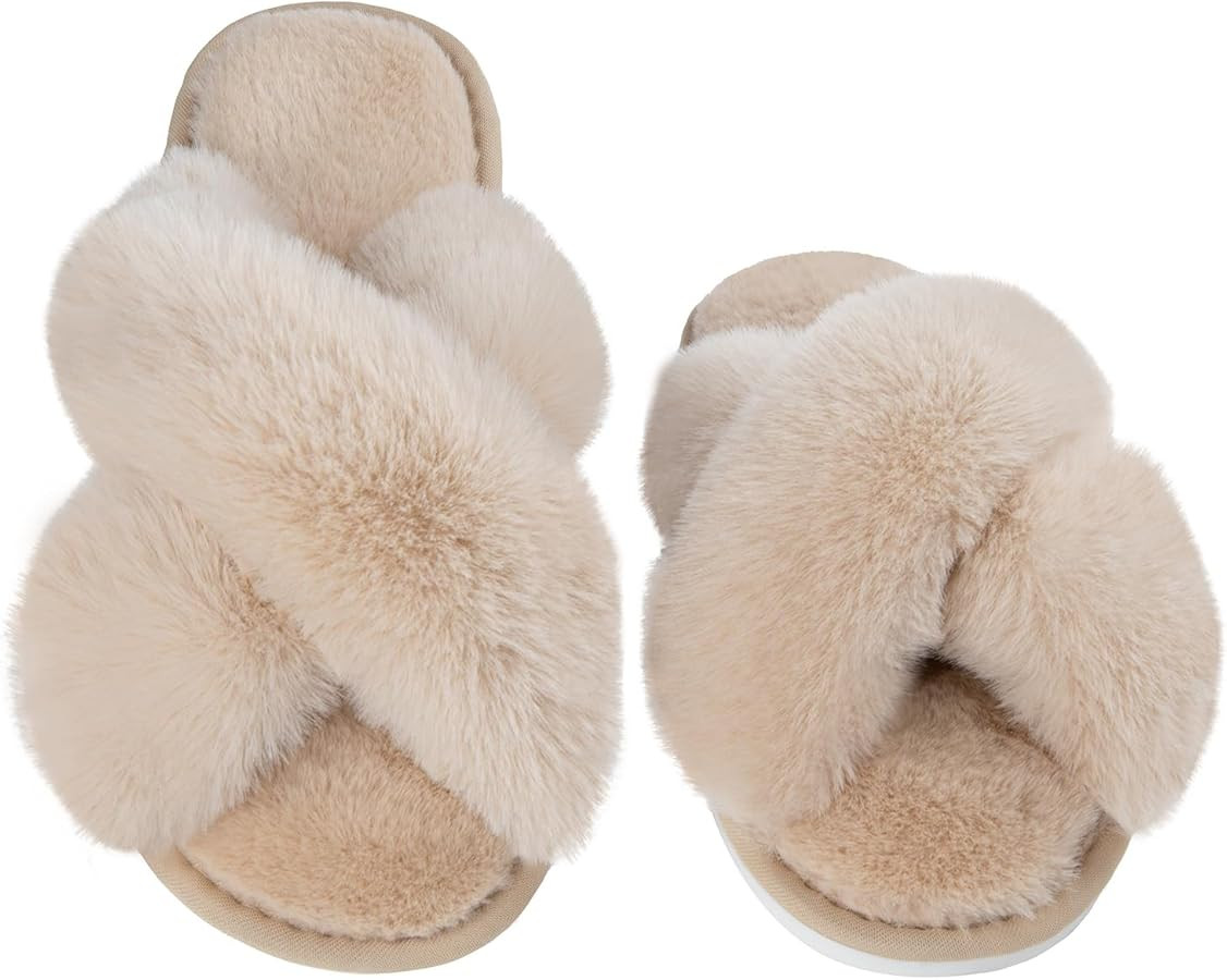 Metog Women's Fuzzy Slippers House Slippers Cross Band Slippers Indoor Outdoor Soft Open Toe Slip... | Amazon (US)