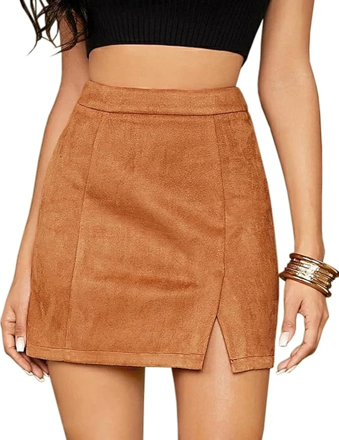 Mulisky Skirts for Women, Faux Suede High Waist Side Split Zipper Mini Skirts | Amazon (US)