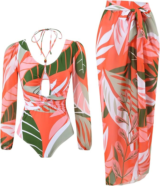 Women's Deep V Neck Long Sleeve One-Piece Swimsuit with Cover Up | Amazon (US)