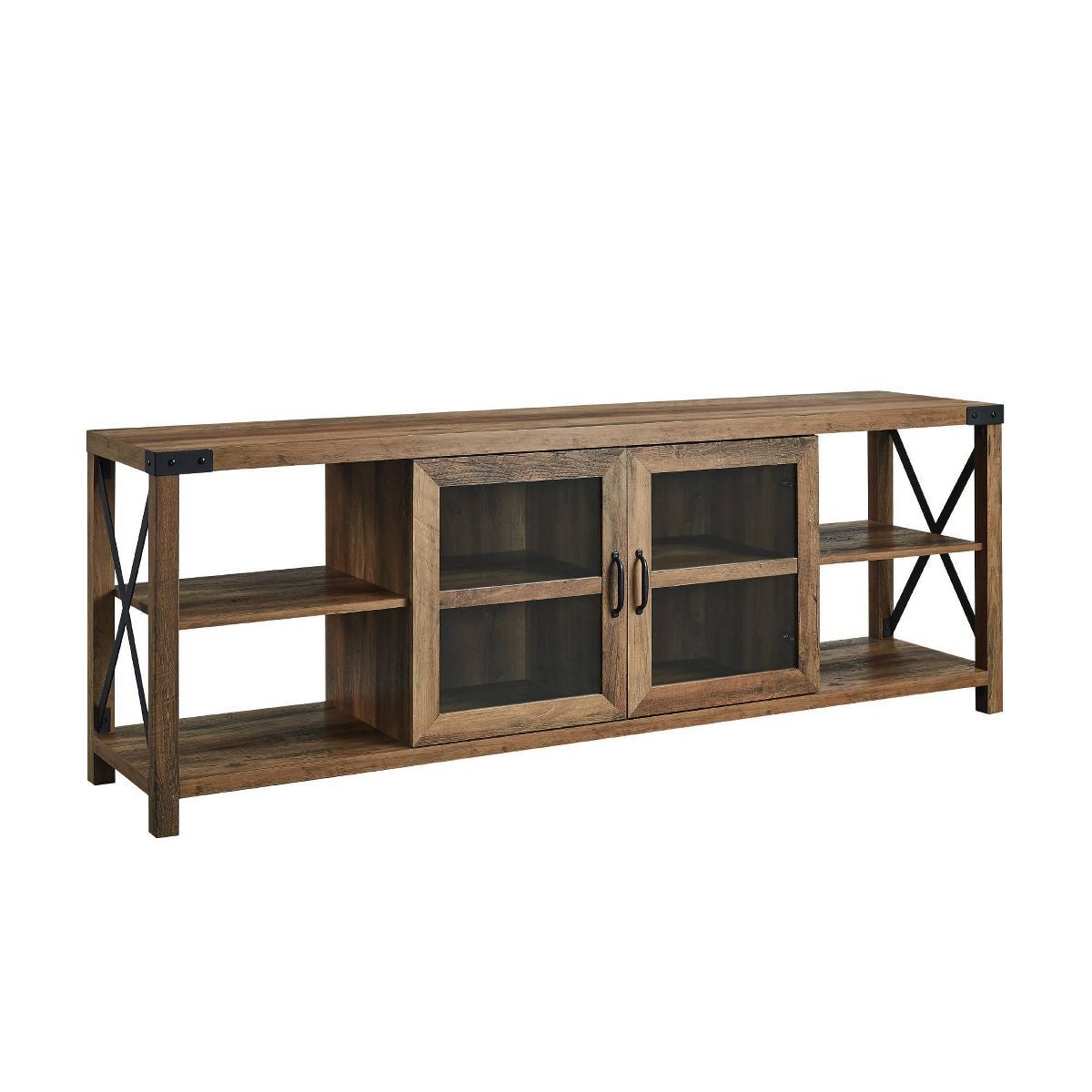 Sophie Rustic Farmhouse X Frame Glass Doors TV Stand for TVs up to 80" Rustic Oak - Saracina Home | Target