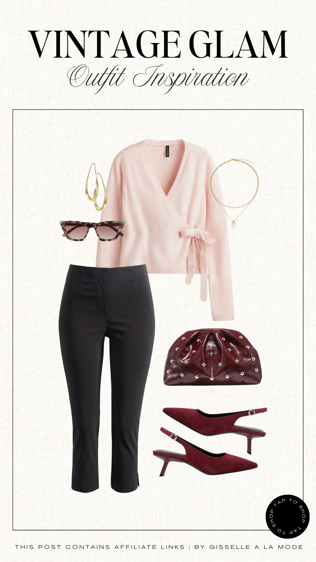 Pink ballet wrap cardigan paired with black trousers and burgundy accessories for that soft & feminine aesthetic! #vintageglam
 

 #LTKSeasonal #LTKStyleTip #LTKShoeCrush