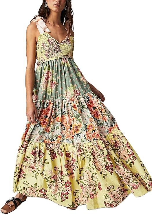 Women Boho Colorful Spaghetti Strap Dress Summer Vacation Beach Long Sun Dress RIC Rac Floral Flo... | Amazon (US)
