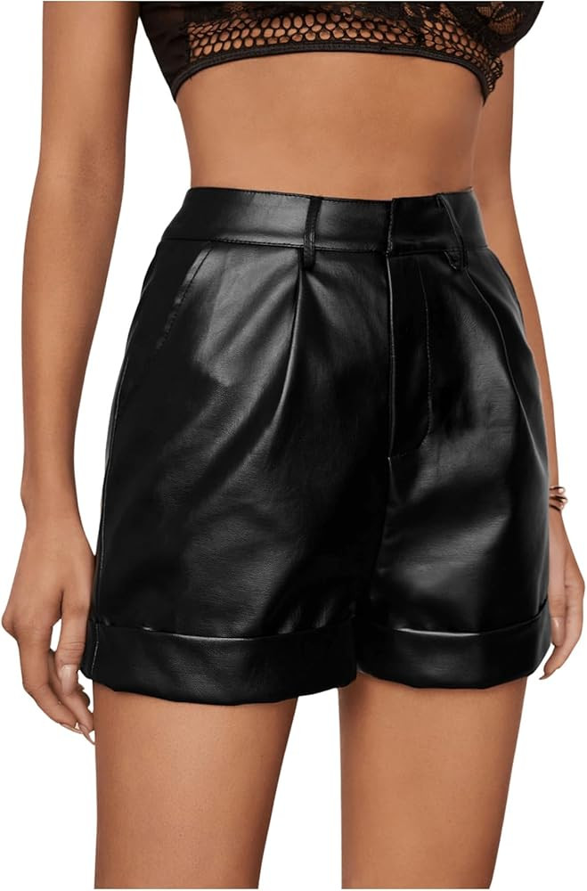 WDIRARA Women's High Waisted PU Leather Shorts Roll Hem Shorts with Pockets | Amazon (US)