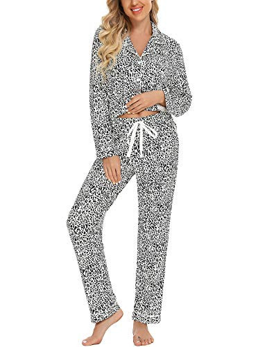Anjue Women's Leopard Sleepwear Long Sleeve Pajamas Button Down 2 Piece Pjs Set(Black Leopard,L) | Amazon (US)
