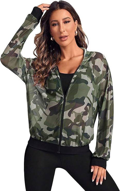 Milumia Women's Camo Print Sheer Workout Jacket Zip Up Long Sleeve Athletic Hoodie | Amazon (US)