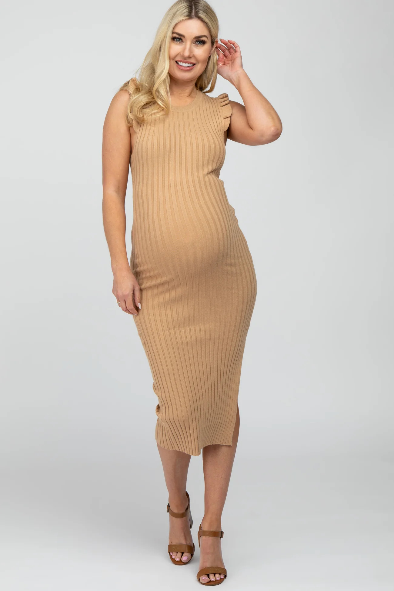 Camel Ribbed Flutter Accent Maternity Midi Dress | PinkBlush Maternity