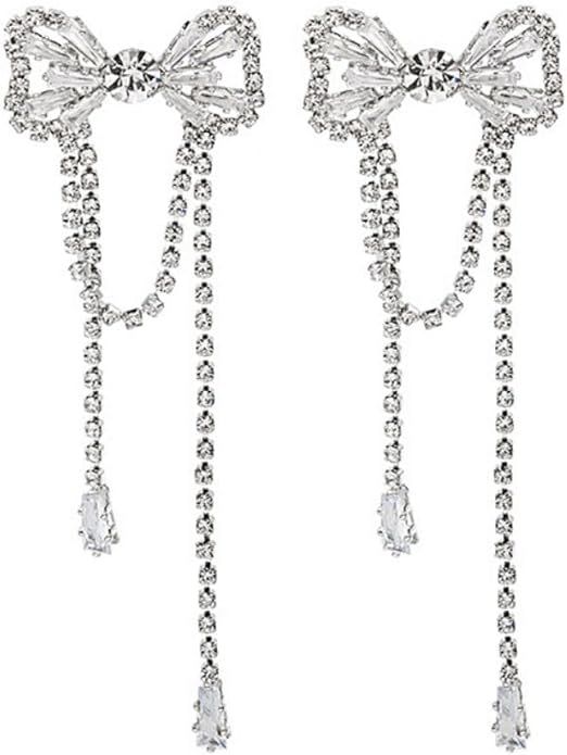 Rhinestones Bow Drop Dangle Earrings Silver Crystal Bowknot Tassels Statement Earrings Shiny Wedd... | Amazon (US)