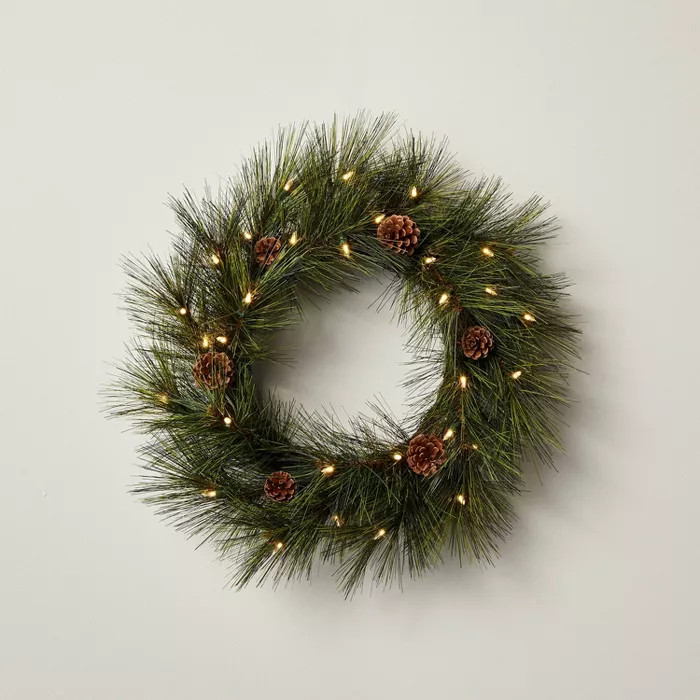 24" Pre-Lit LED Faux Needle Pine Plant Wreath with Pinecones - Hearth & Hand™ with ... | Target