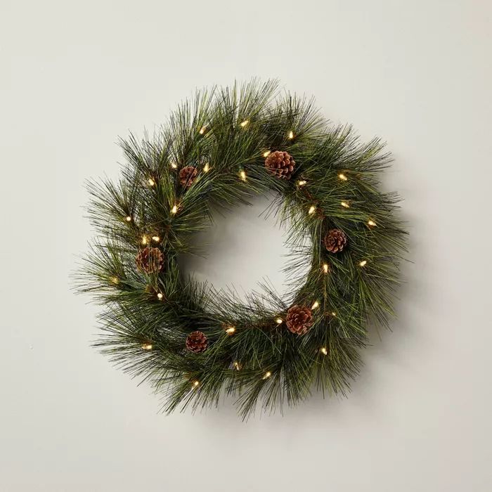 24&#34; Pre-Lit LED Faux Needle Pine Plant Wreath with Pinecones - Hearth &#38; Hand&#8482; with ... | Target