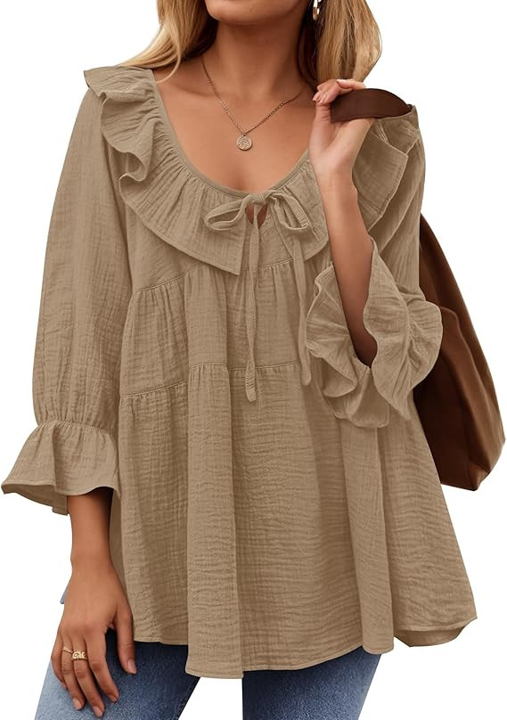 ZESICA Womens Scoop Neck 3/4 Length Sleeve Tops Casual Tie Front Ruffle Tiered Loose Tunic Shirts... | Amazon (US)