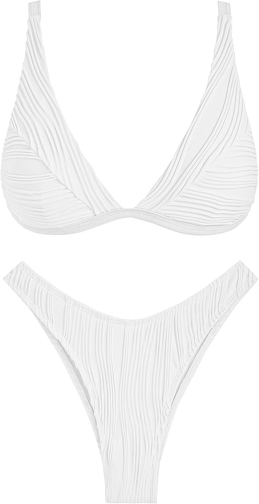 ZAFUL Women's Sexy Two Piece Swimwear Textured Triangle Plunging Neck High Cut Cheeky Bikini Set ... | Amazon (US)
