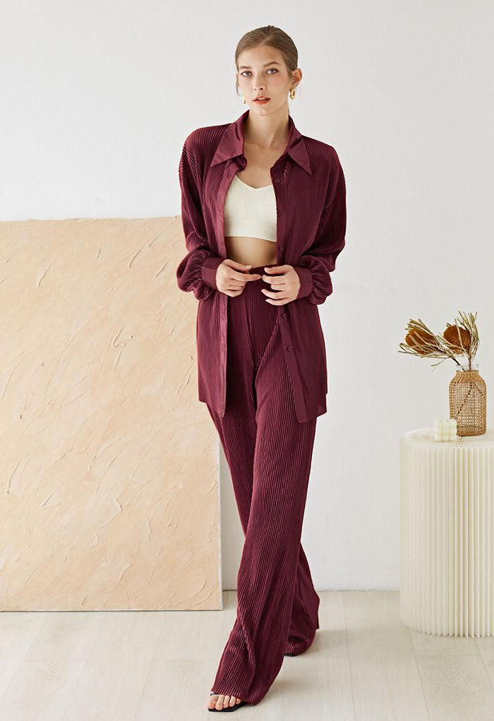 Full Pleated Plisse Shirt and Pants Set in Burgundy | Chicwish