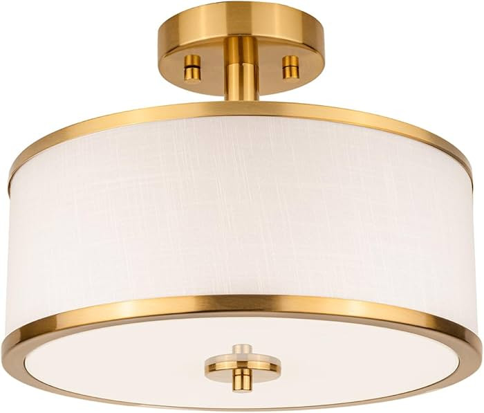3-Light Semi Flush Mount Ceiling Light Fixture, 12.6" Gold Drum Light with White Fabric Shade, Mo... | Amazon (US)