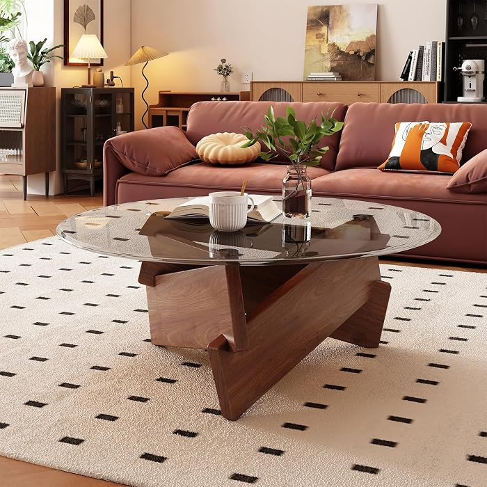Mesa de centro redonda de cristal de mediados de siglo, moderna mesa de centro Noguchi con base d... | Amazon (US)