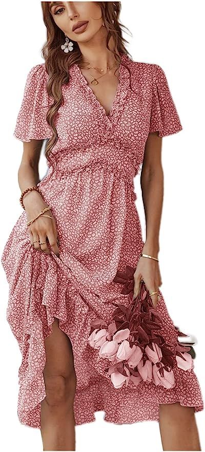 GOLDSTITCH Womens Spring Summer Deep V Neck Ruffle Long Sleeve Floral Print Mini Dress | Amazon (US)