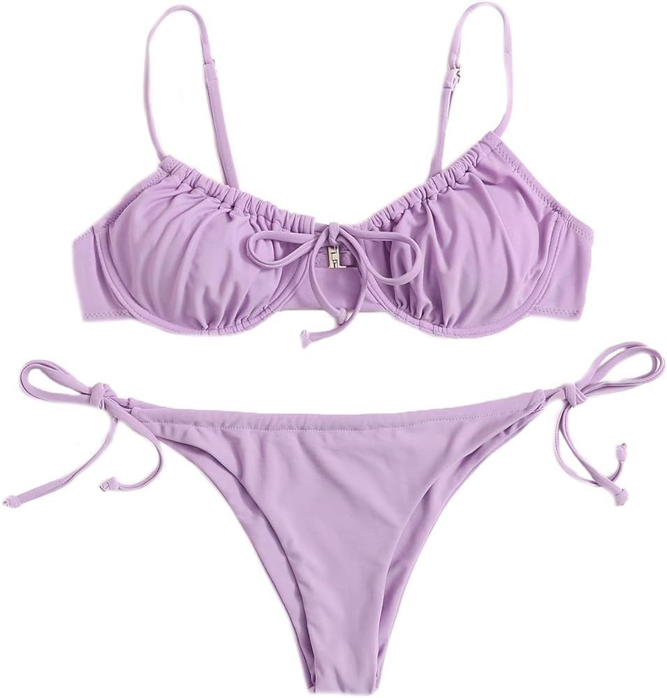 Verdusa Women's Knot Front Underwire Tie Side 2 Piece Bikini Set Swimsuit | Amazon (US)