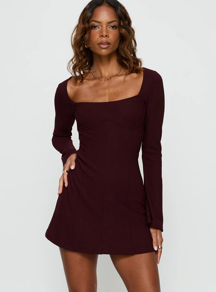 Encounters Long Sleeve Mini Dress Wine | Princess Polly US
