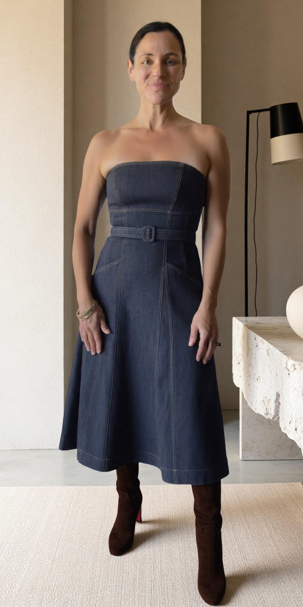 SELF-PORTRAIT Strapless belted paneled denim midi dress & CHRISTIAN LOUBOUTIN Loo Botta 85 suede knee boots 

 #LTKOver40 #LTKParties #LTKShoeCrush