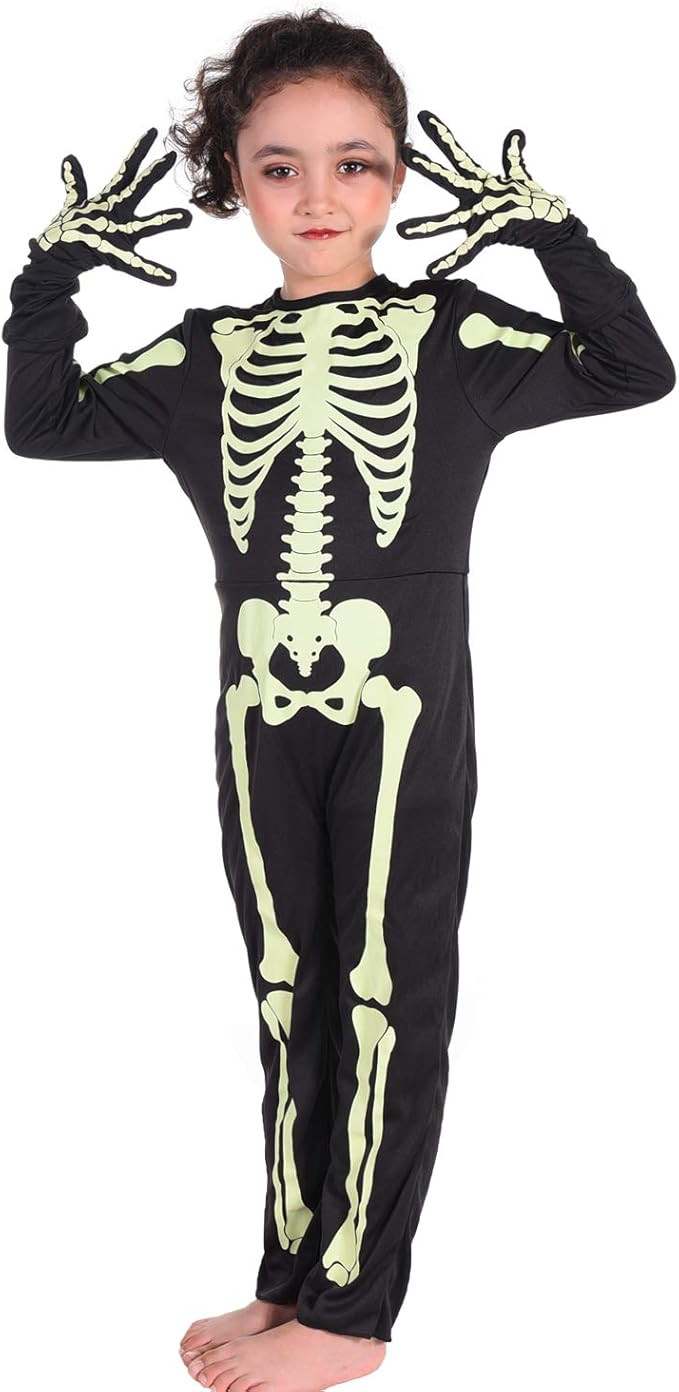 Skeleton Costumes kids Glow in The Dark Skeleton Costumes with Gloves Halloween Scary Jumpsuit fo... | Amazon (US)